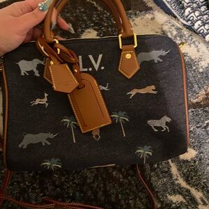 Louis Vuitton Brown Leather Blue Denim Handbag